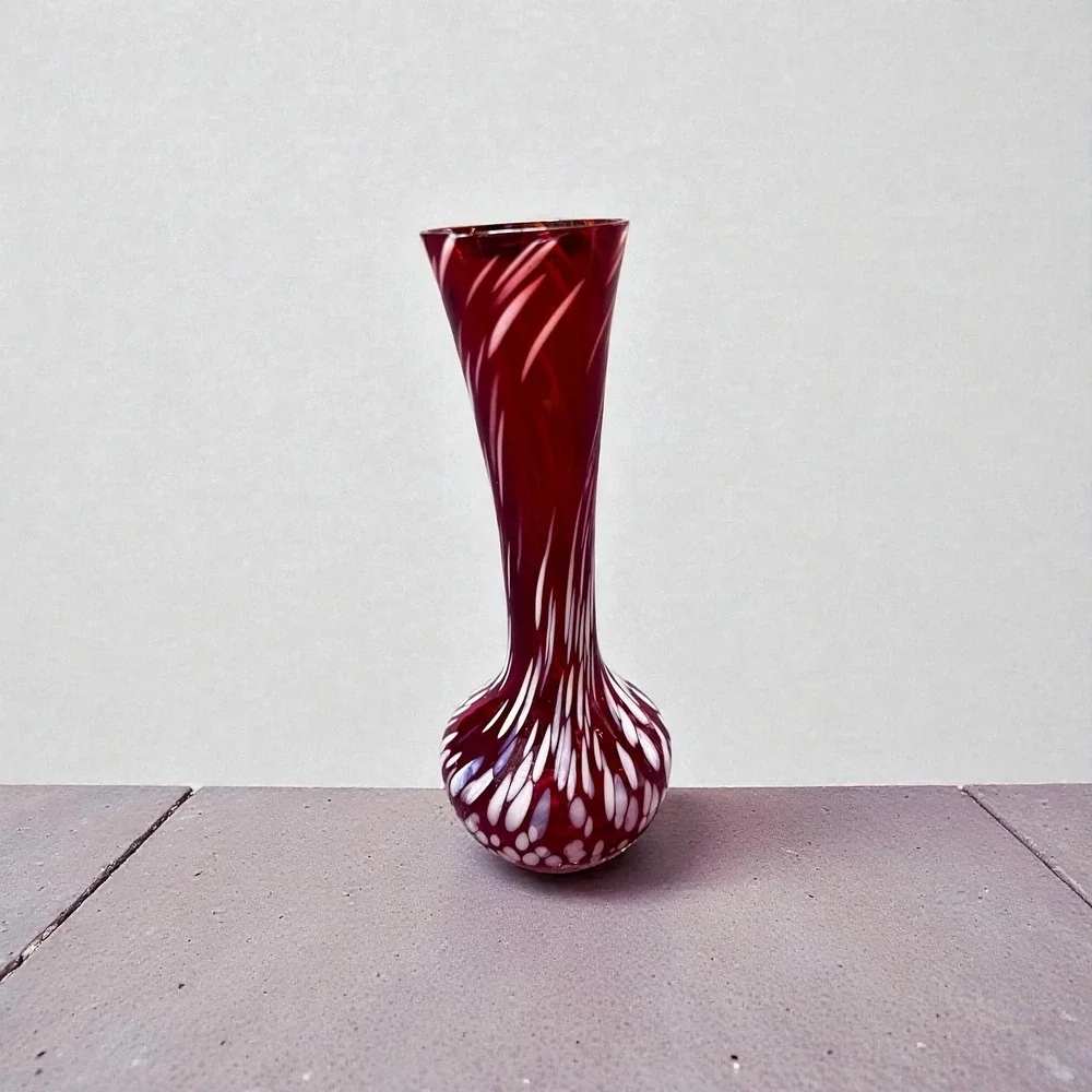 Hand Blown Red Swirl Glass Bud Vase Decorative Accent